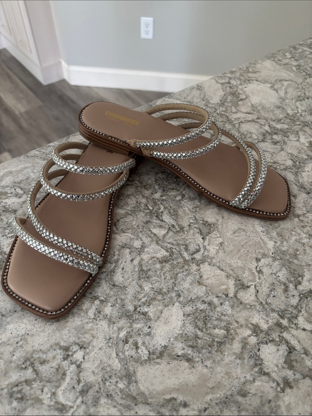 Cushionaire Tan Slide Sandals with Silver Embellished Straps